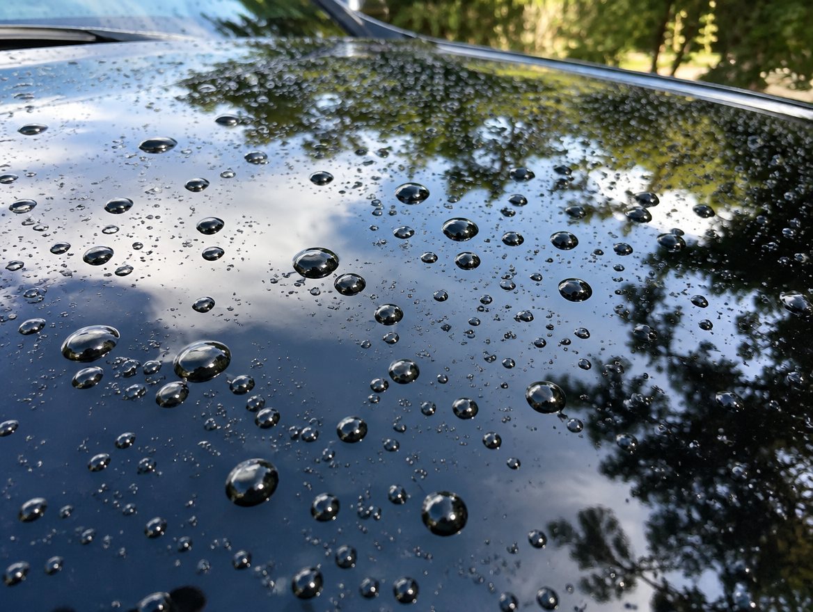 Water beading on a freshly waxed black car
